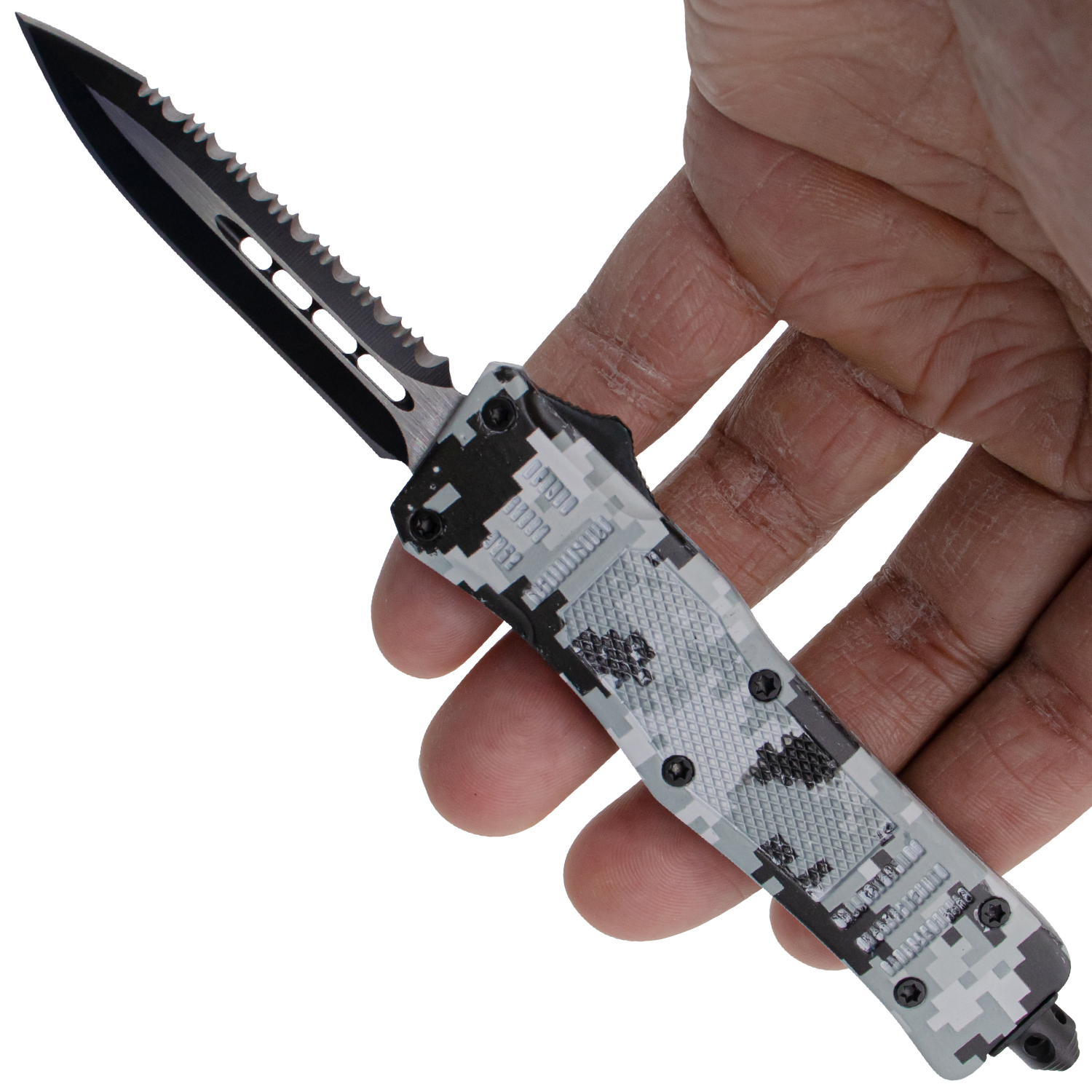 Covert OPS USA OTF Automatic Knife 7 Inch Overall Half Serrated BW Camo